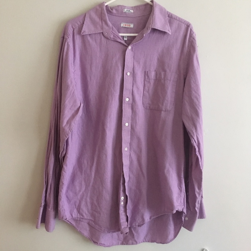 Izod button down shirt purple white houndstooth size 16.5 long sleeve